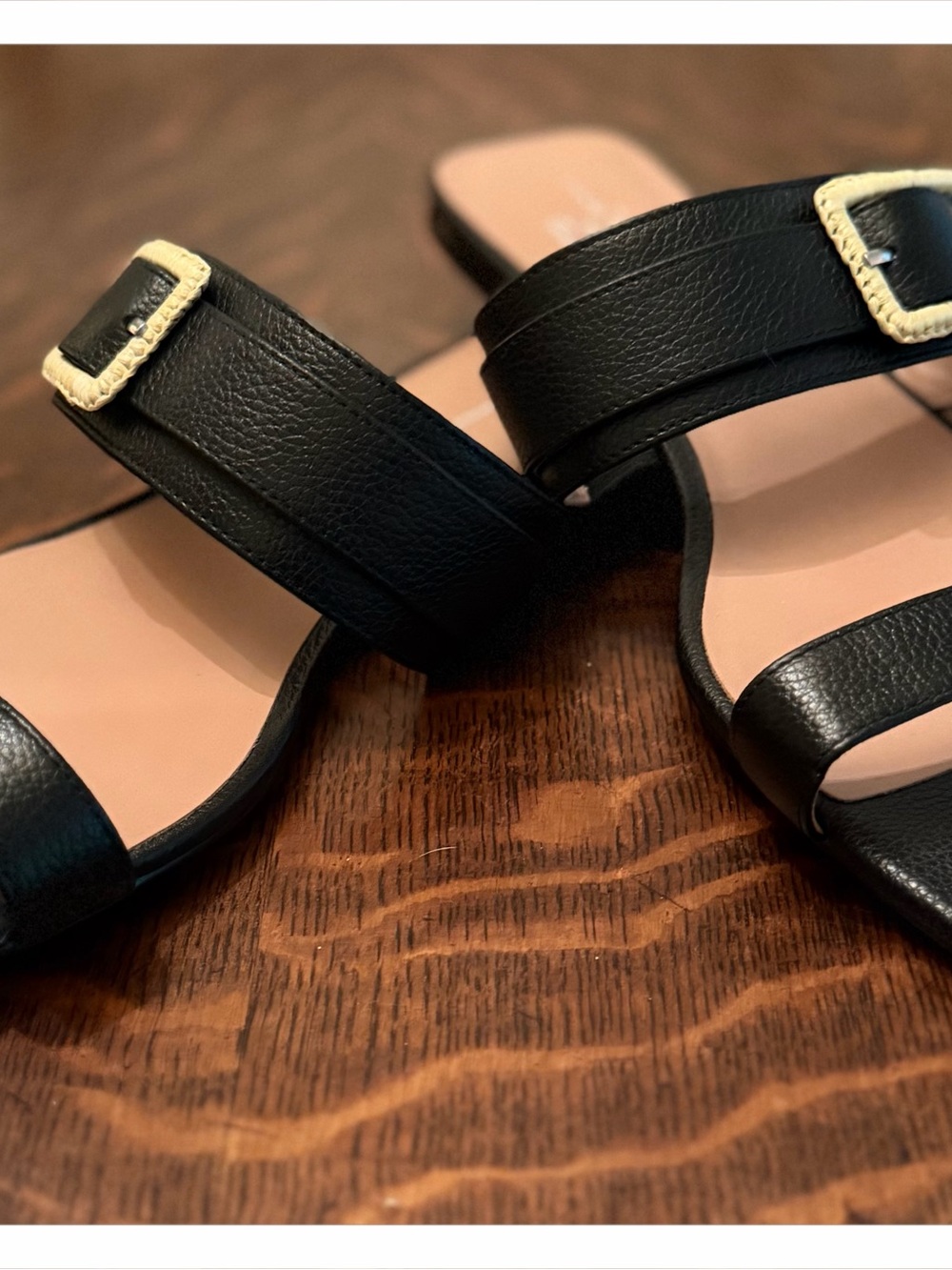 Paolo Black Leather Double-Strap Slide Sandals with Cream Buckles size 11